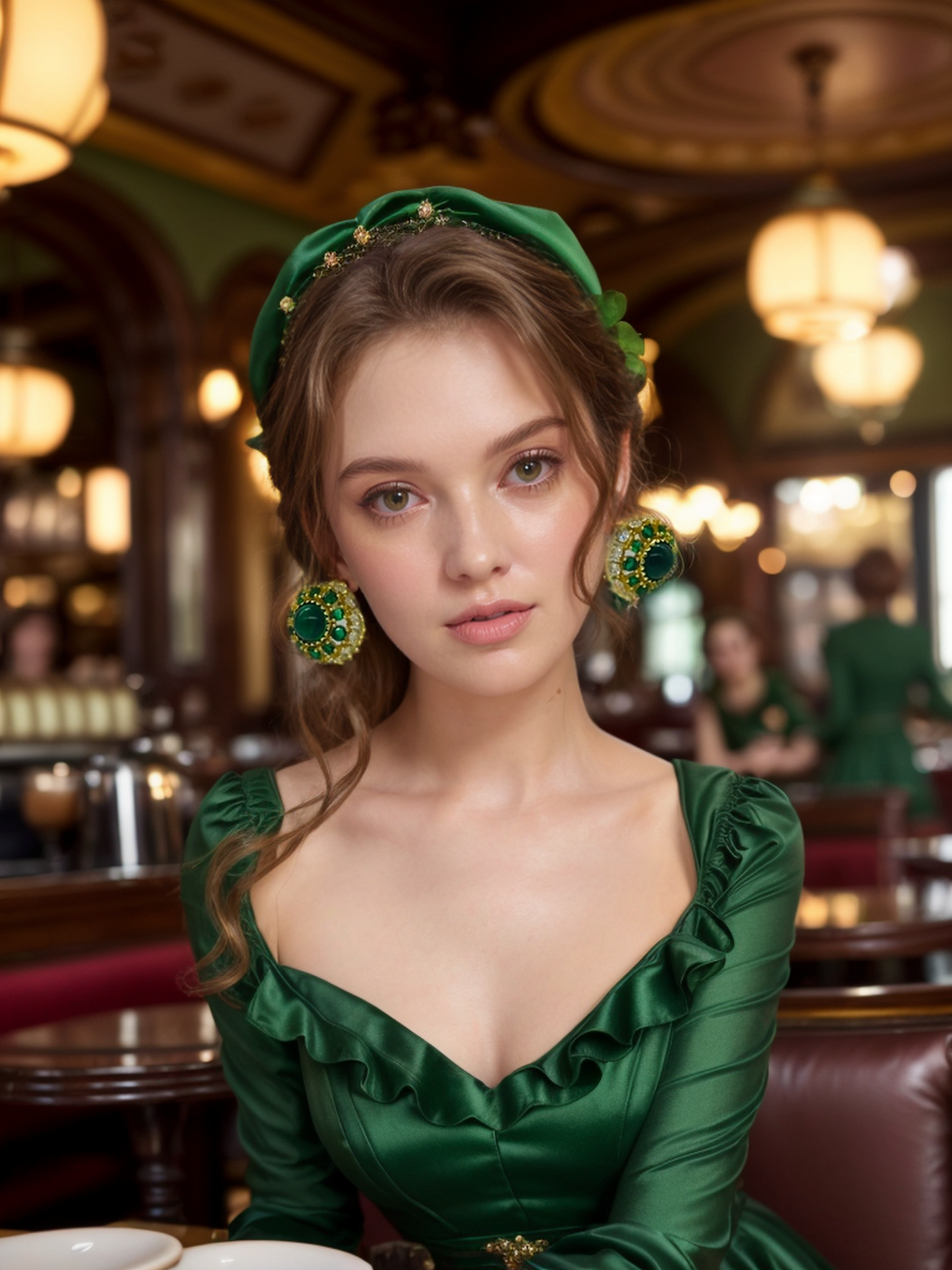 Emerald set openwork gold disc earrings