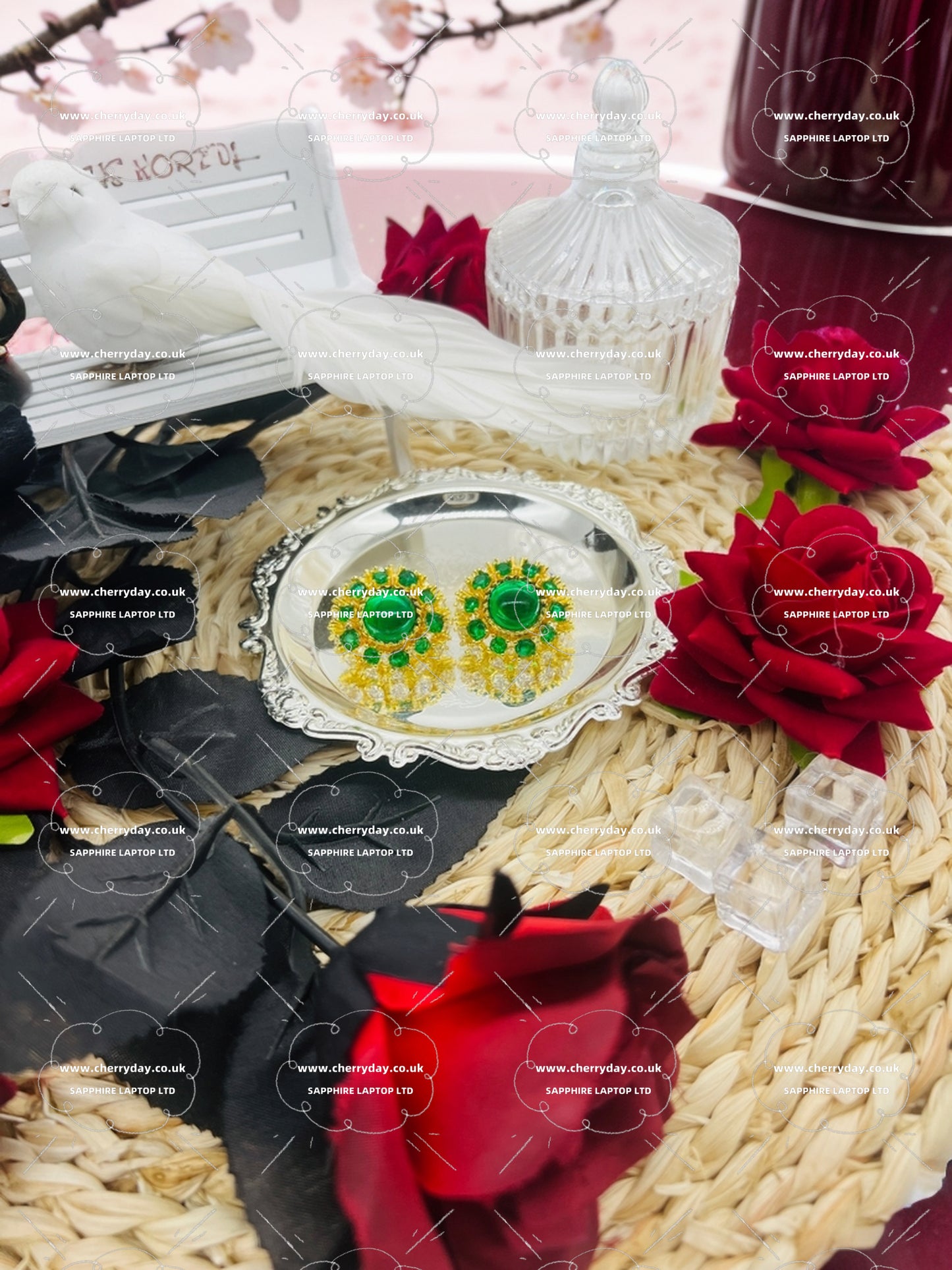 Emerald set openwork gold disc earrings