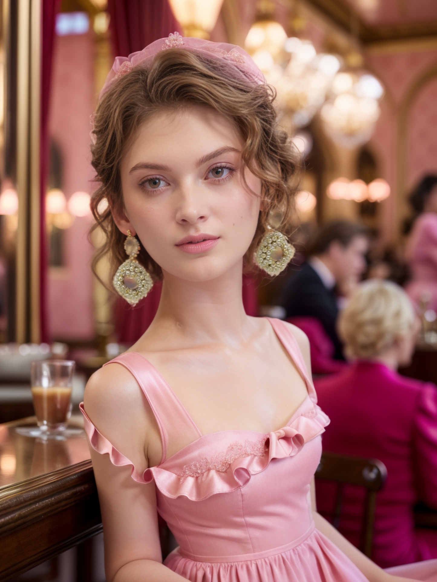 Pink gemstone inlaid pearl garland earrings