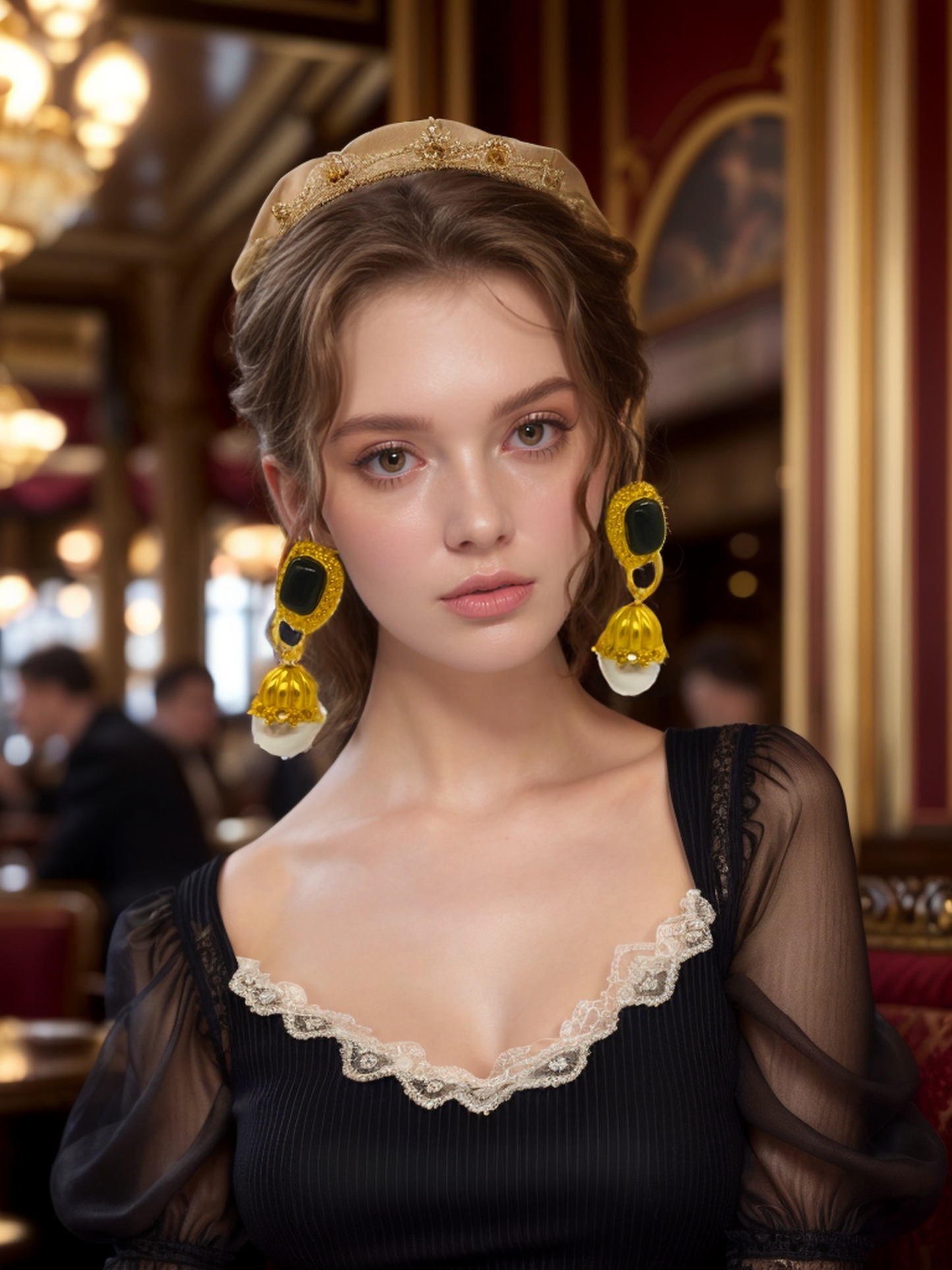 Black gem inlaid pearl tulips vintage earrings