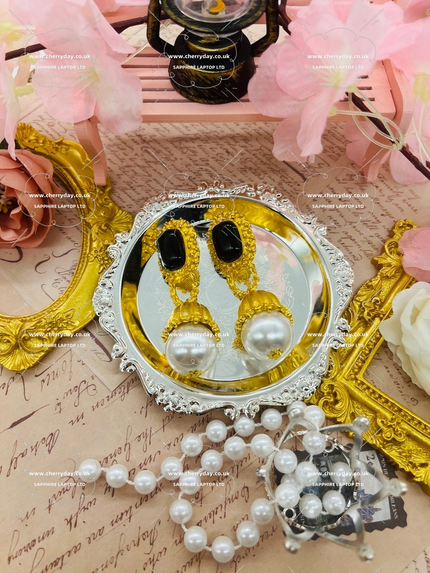 Black gem inlaid pearl tulips vintage earrings