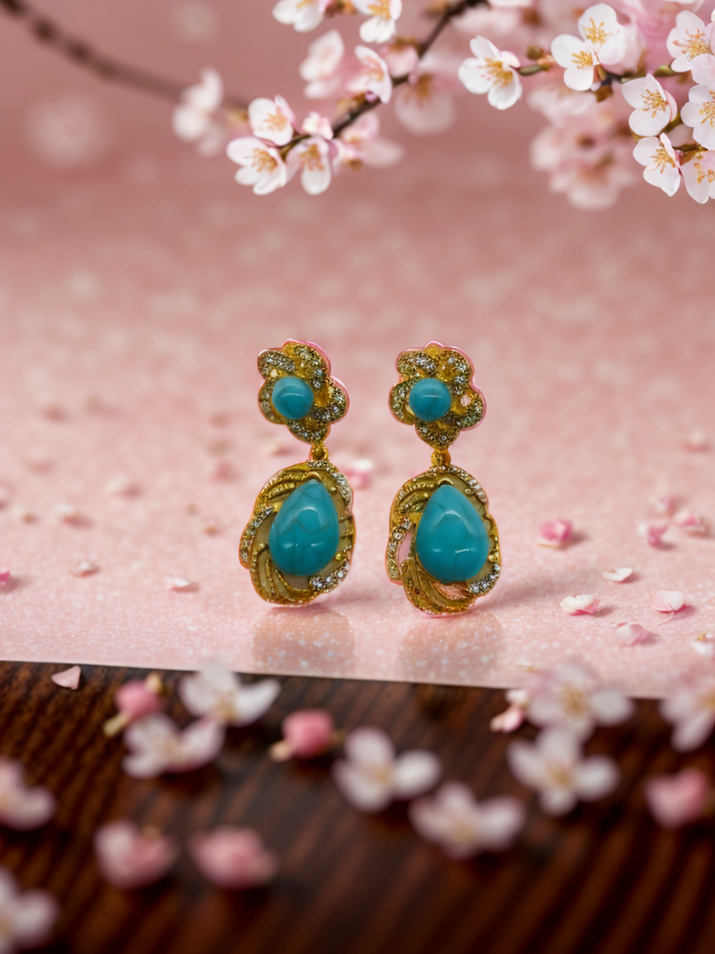 Turquoise openwork flower tassel earrings