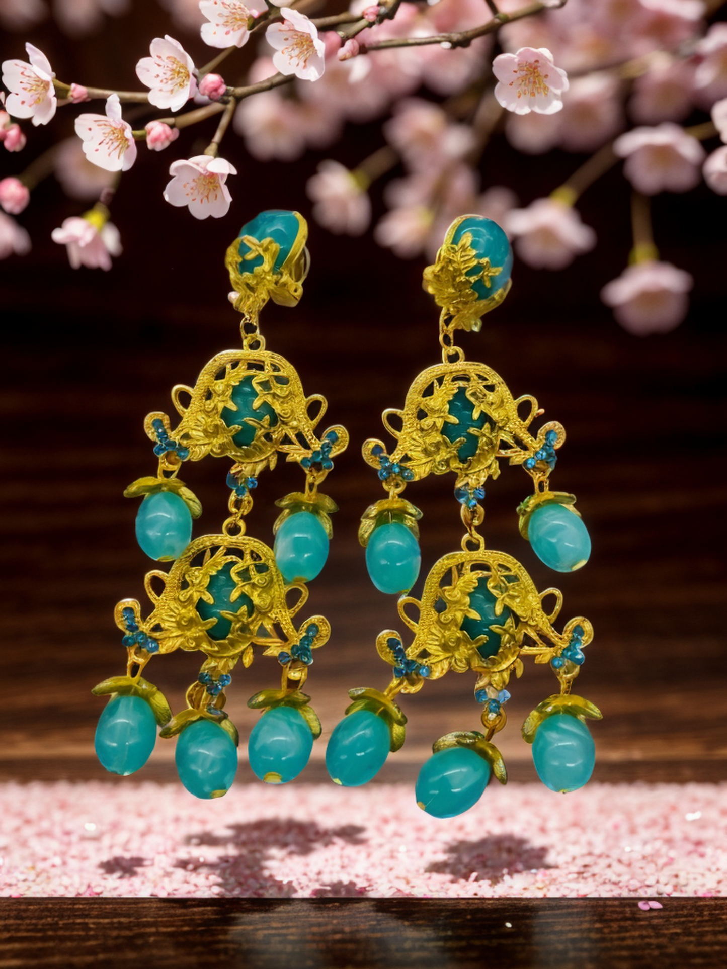 Gold-green glazed royal enjoyment tassel earrings