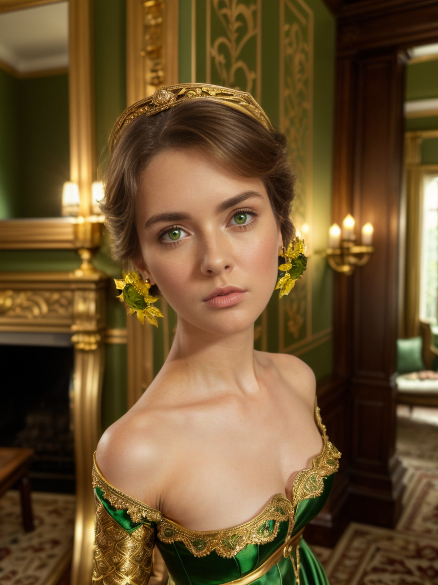 Gold green Apollo sunflower vintage earrings