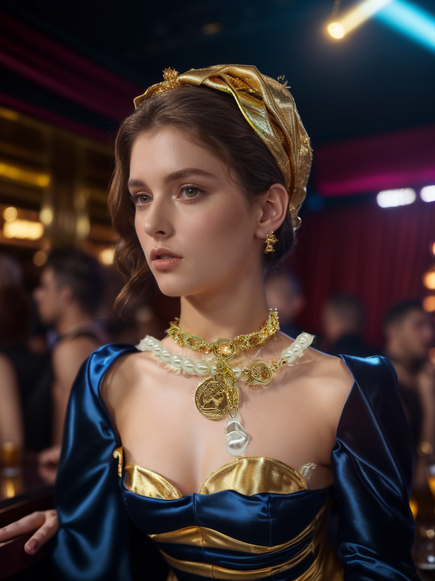 Pearl-gold metal portrait double necklace