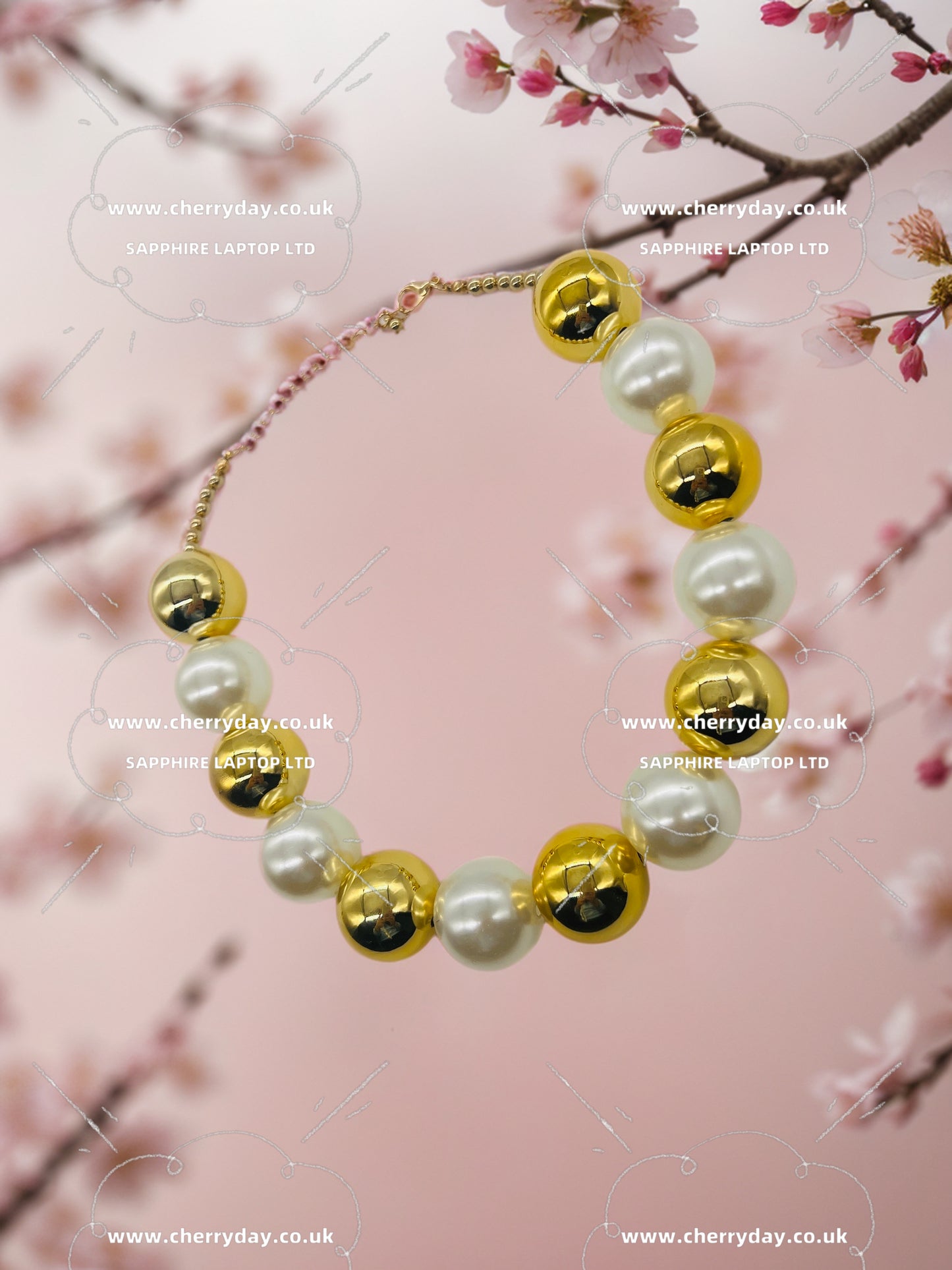 Large gold-pearl beads necklace&earrings set