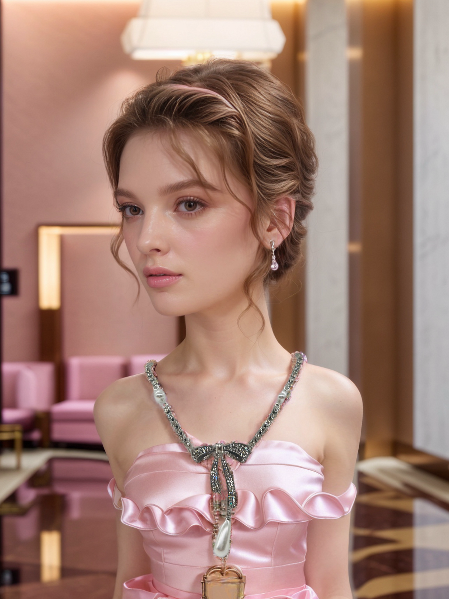 Maiden ribbon pearl rhinestone double-layer necklace