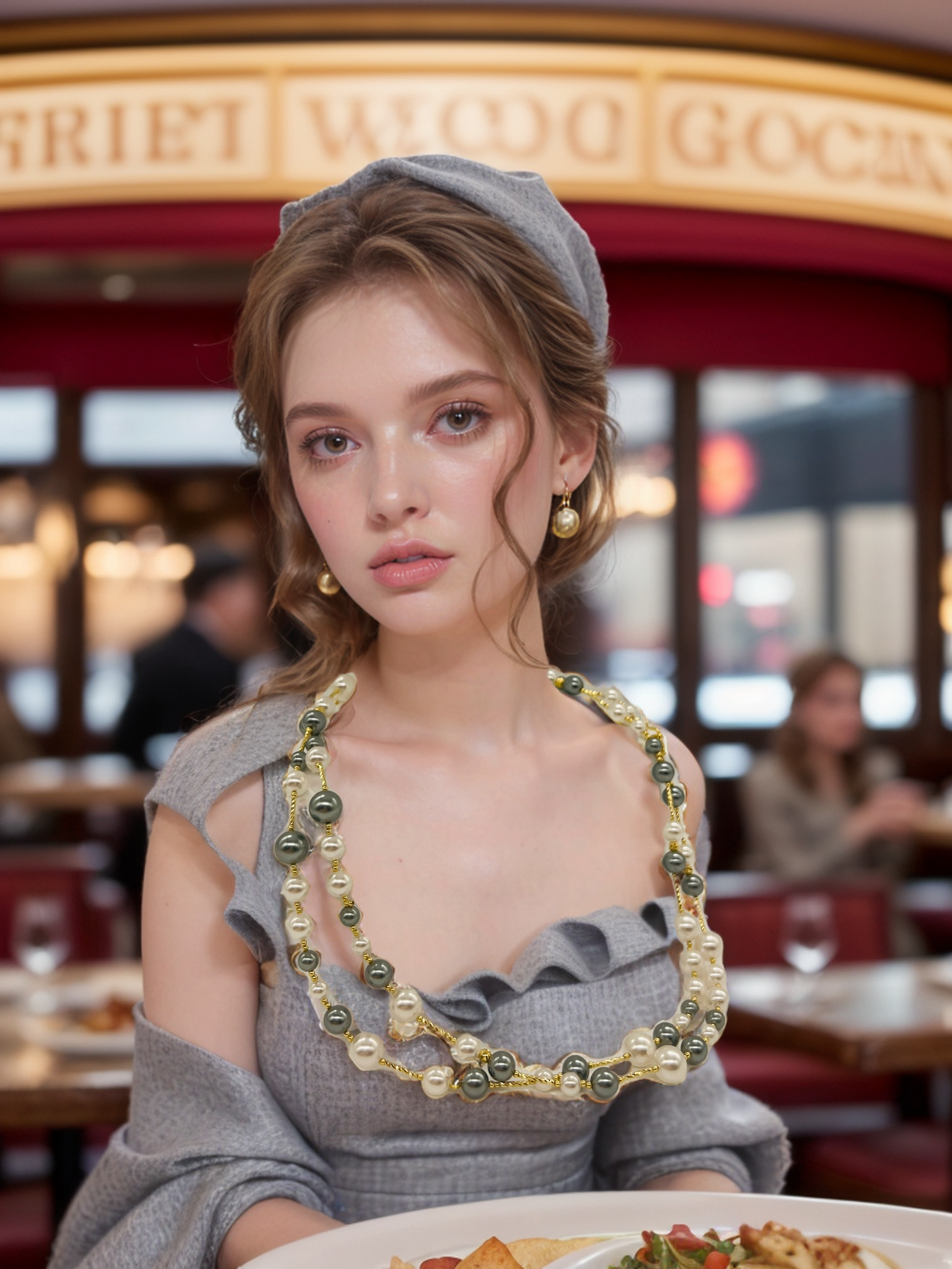 Layered necklace with grey and white pearls