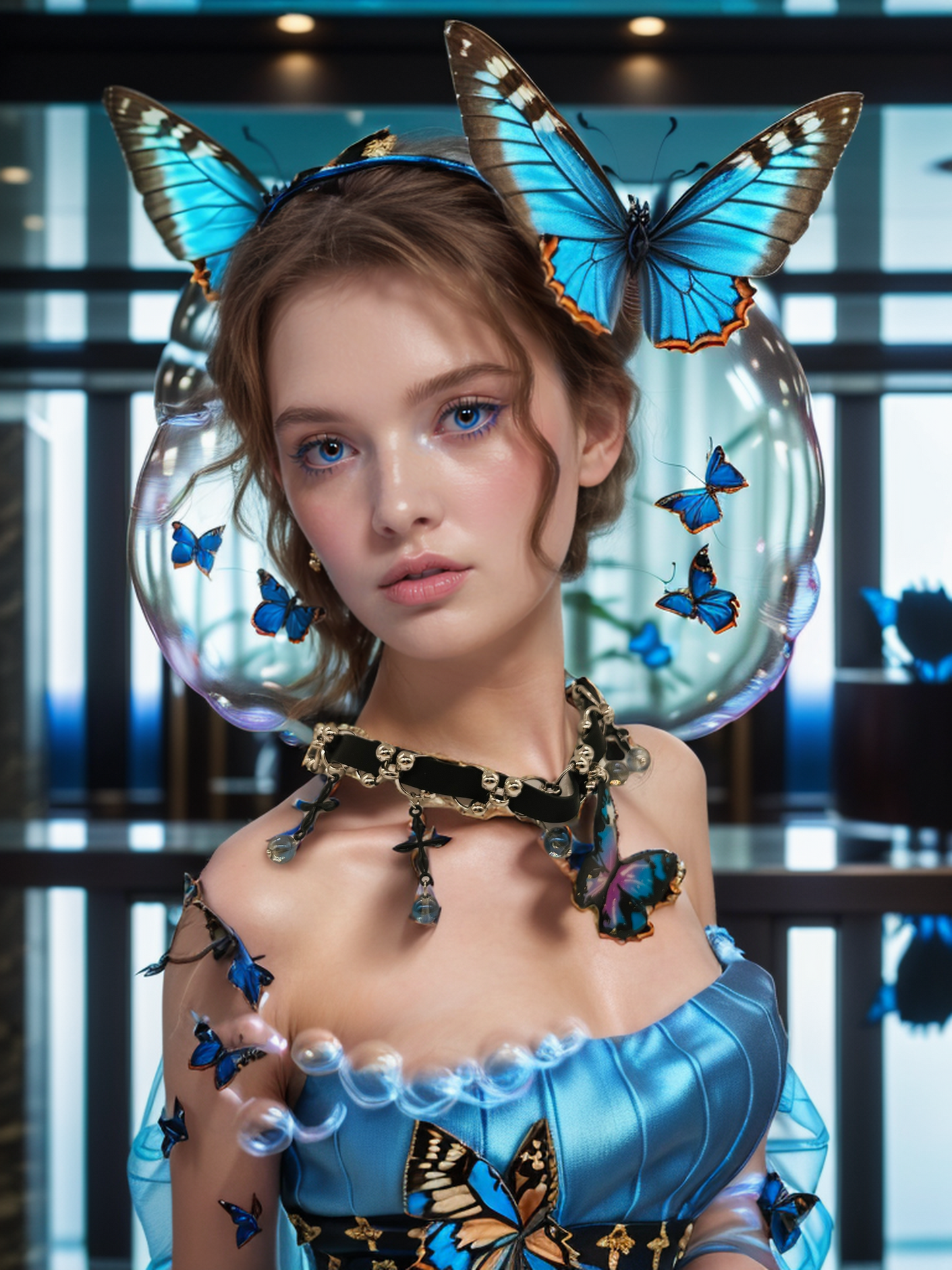 Blue butterfly fringe collar necklace
