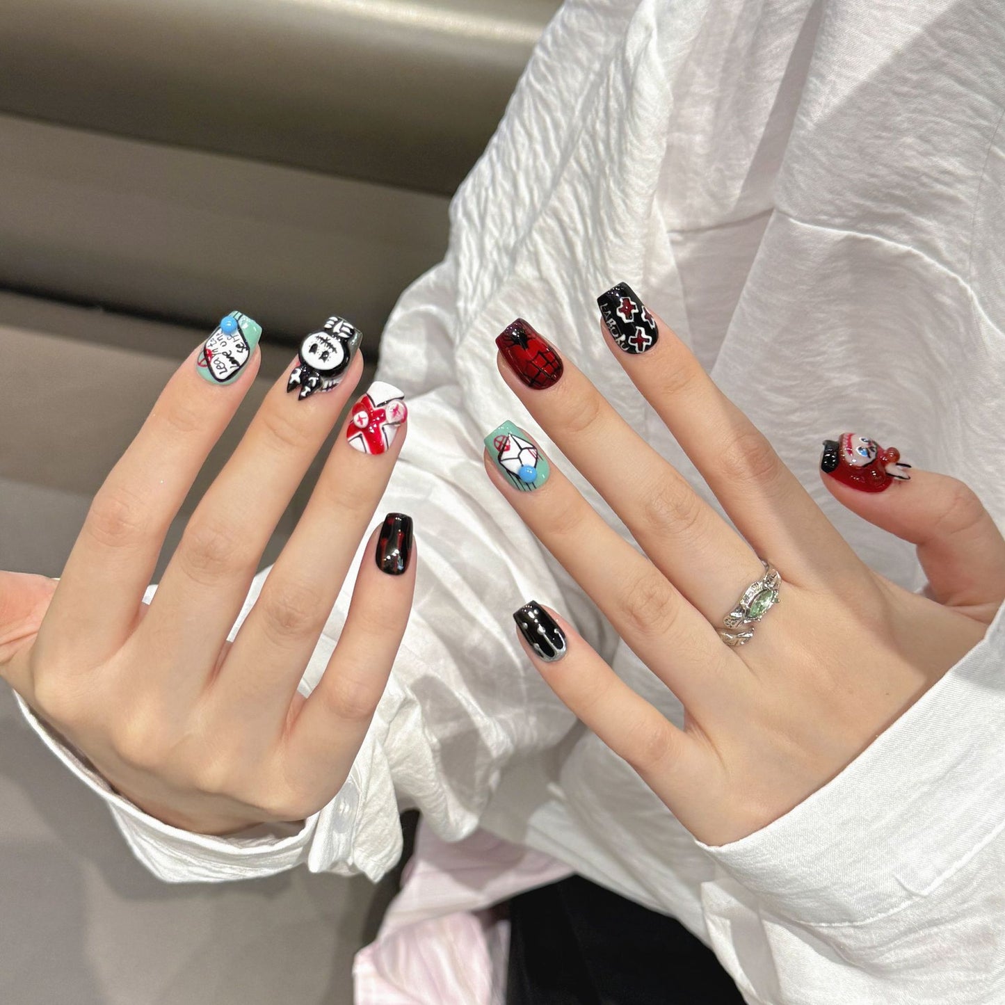 Nails 128-Gothic Bunny Cute Bow Dark Hand Painted Nail Art