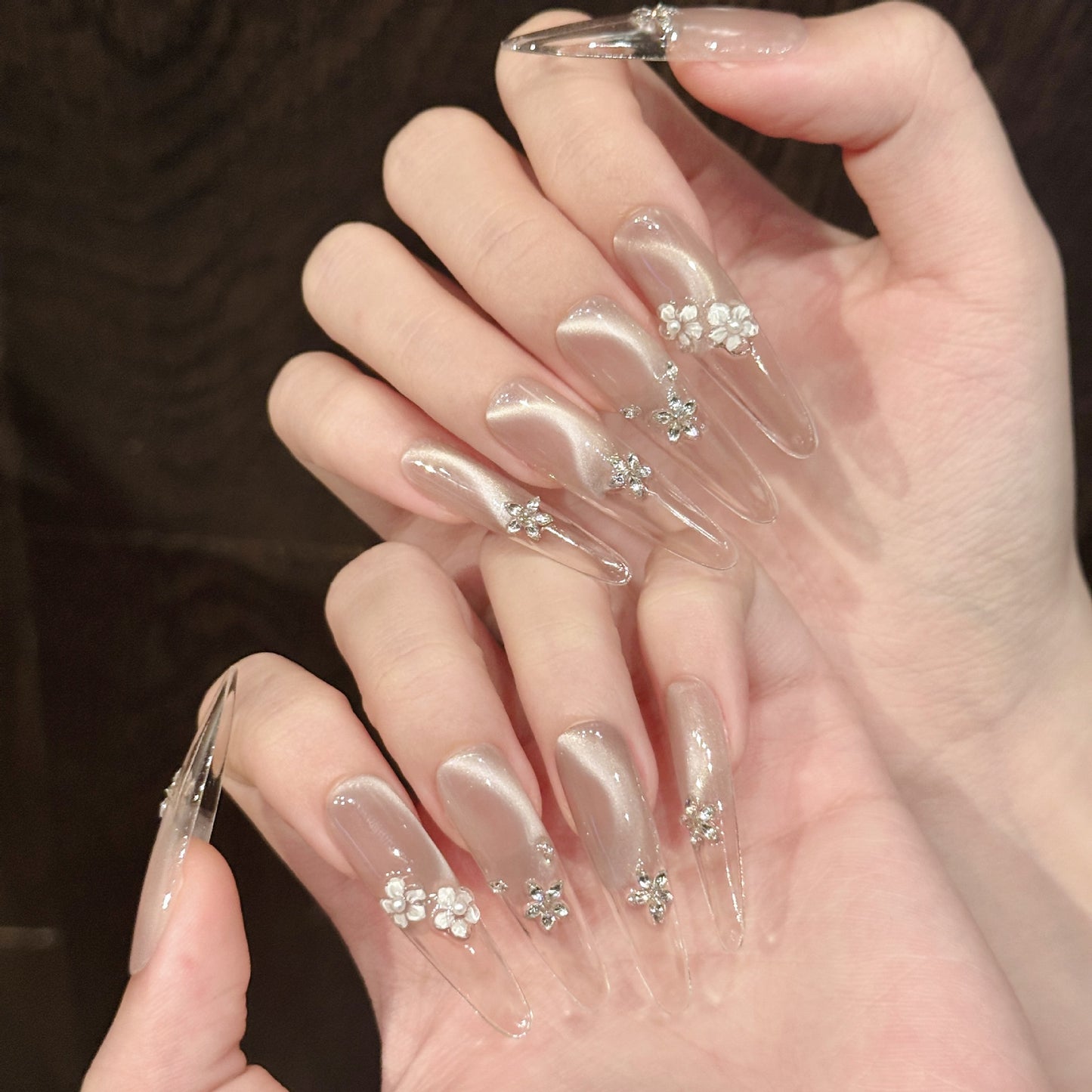 Nails 302-Glazed Ice Flower French Glass Bead Manicure
