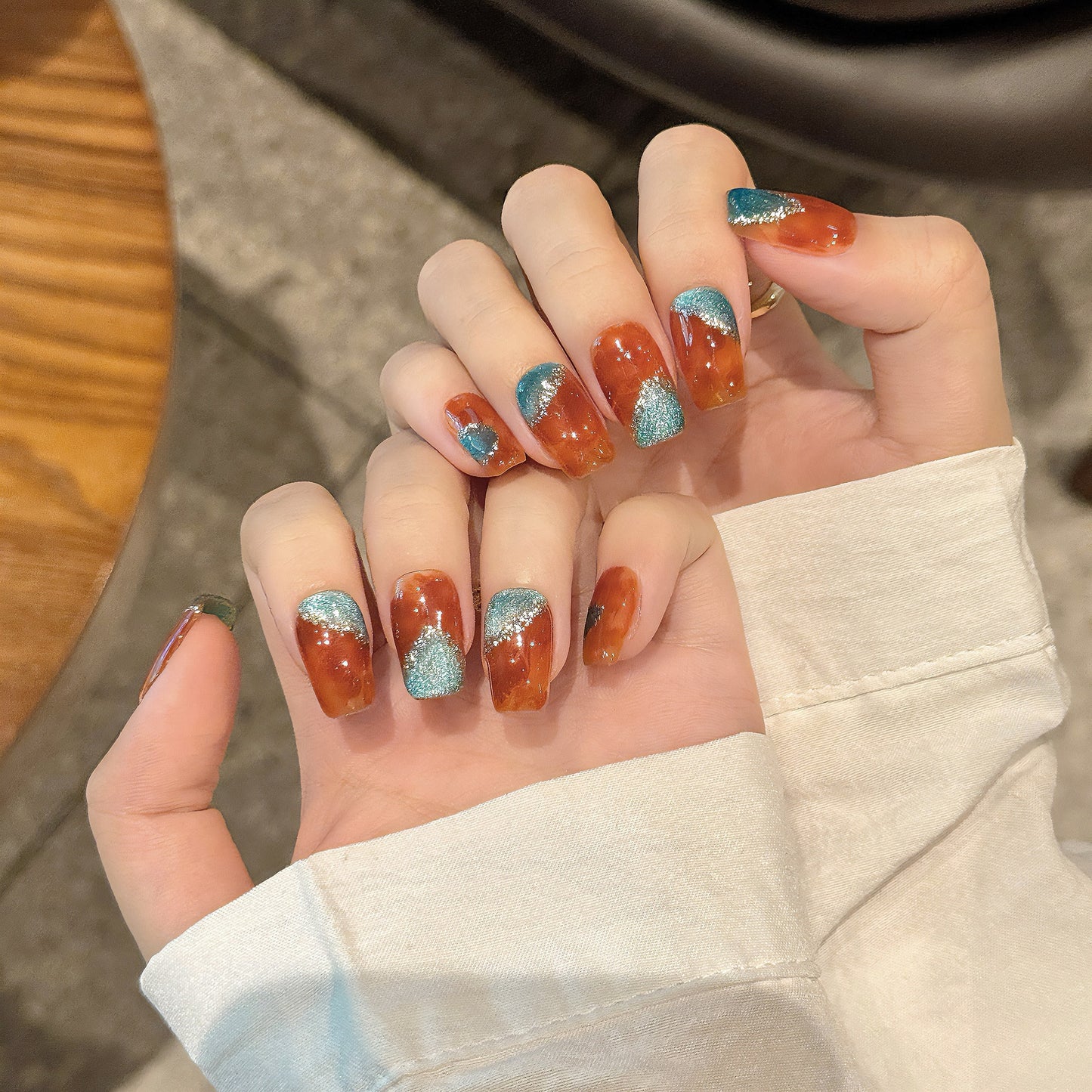 Nails 205-Amber Halo Clash Aquamarine Cat Eye Nail Art