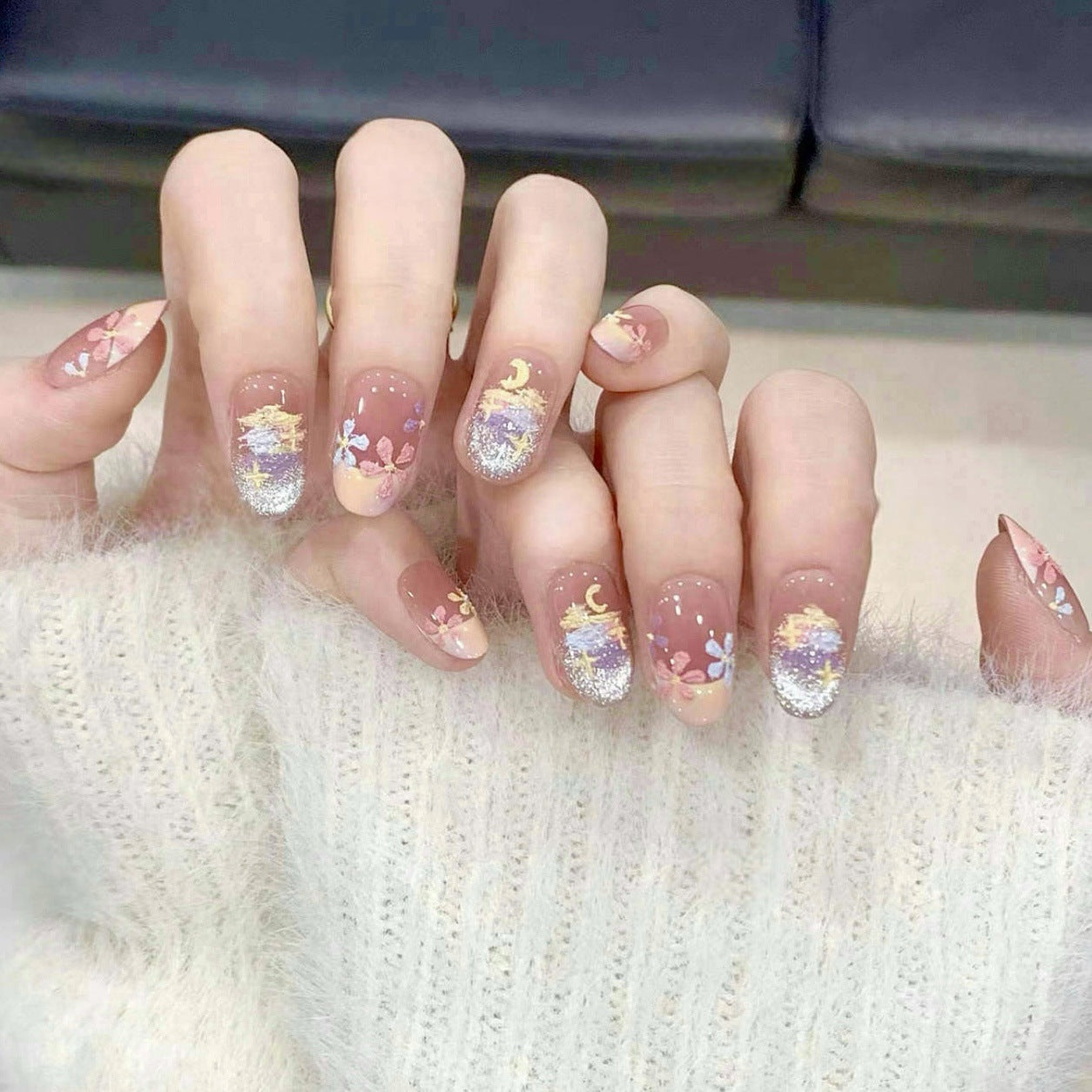 Nails 253-Oil Painting Love Poem Birds and Blooms Blush Cat Eye Nail Art