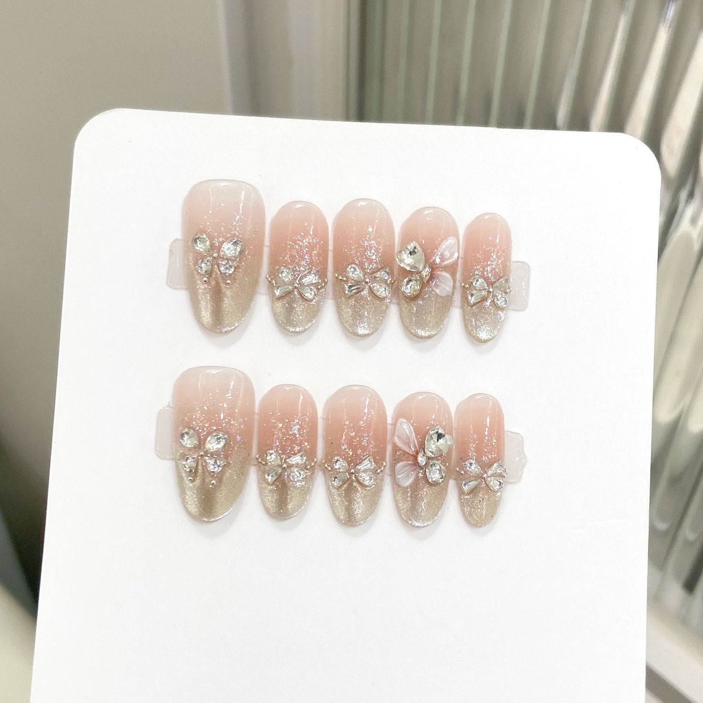 Nails 212-Spring Butterfly Letter Blush Gradient Cat Eye Butterfly Stacked Diamonds Nail Art