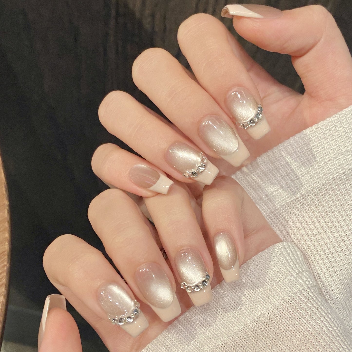 Nails 049-French Glitter Glass Bead Cat Eye Manicure