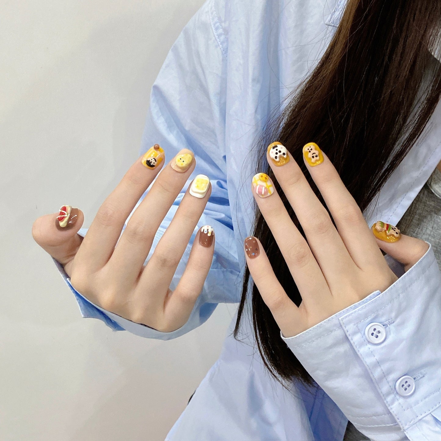 Nails 002-Cute Bear Short Square Round Nail Art