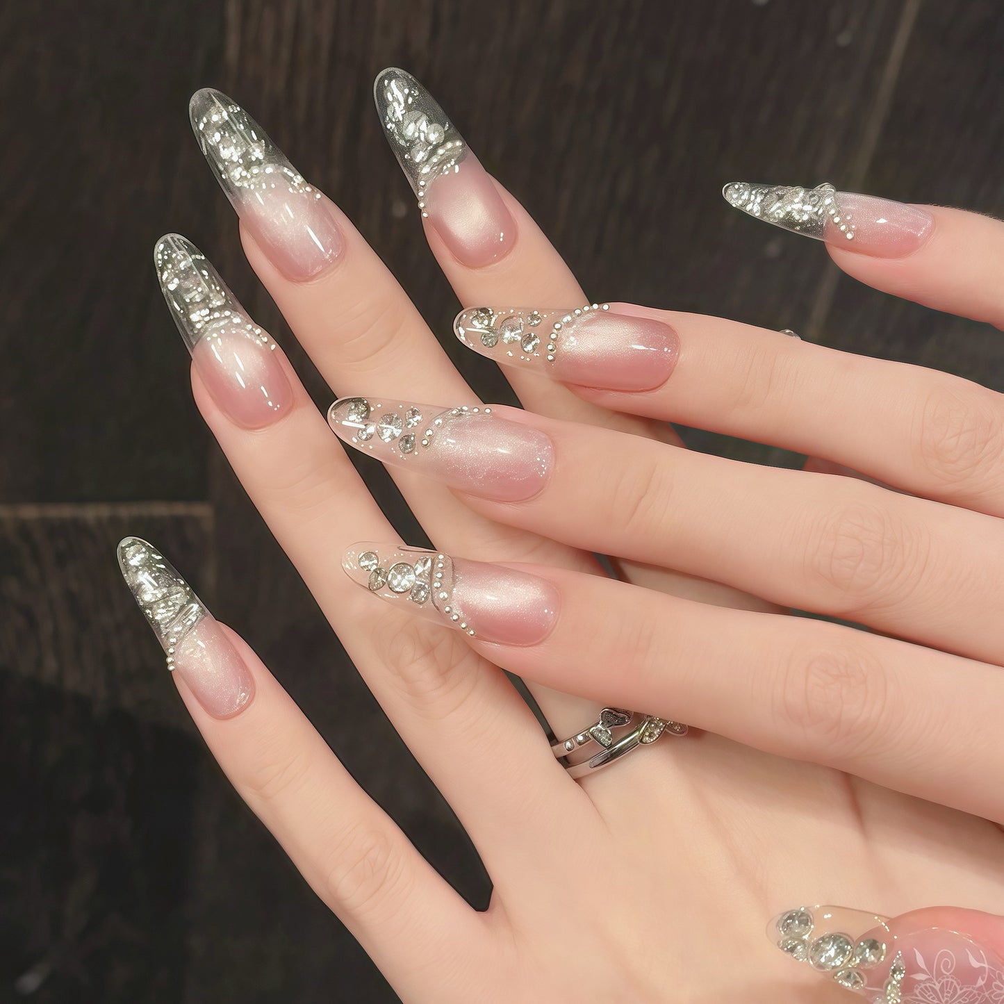 Nails 284-Full Diamond Star River Clear Nude Pink Cat Eye Nail Art