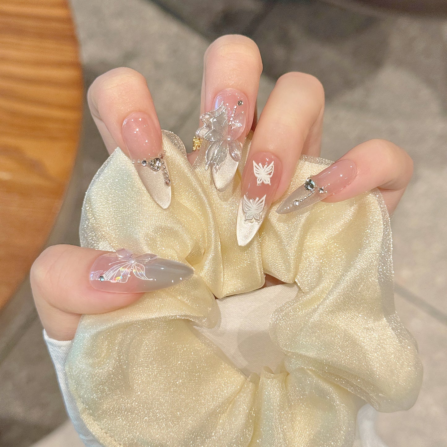 Nails 035-Ice Crystal Moonlight Butterfly Pearl Nail Art