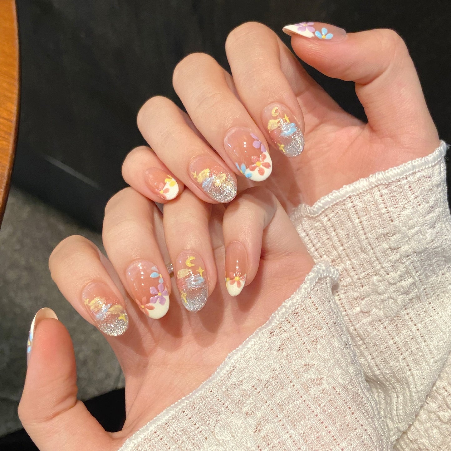 Nails 253-Oil Painting Love Poem Birds and Blooms Blush Cat Eye Nail Art