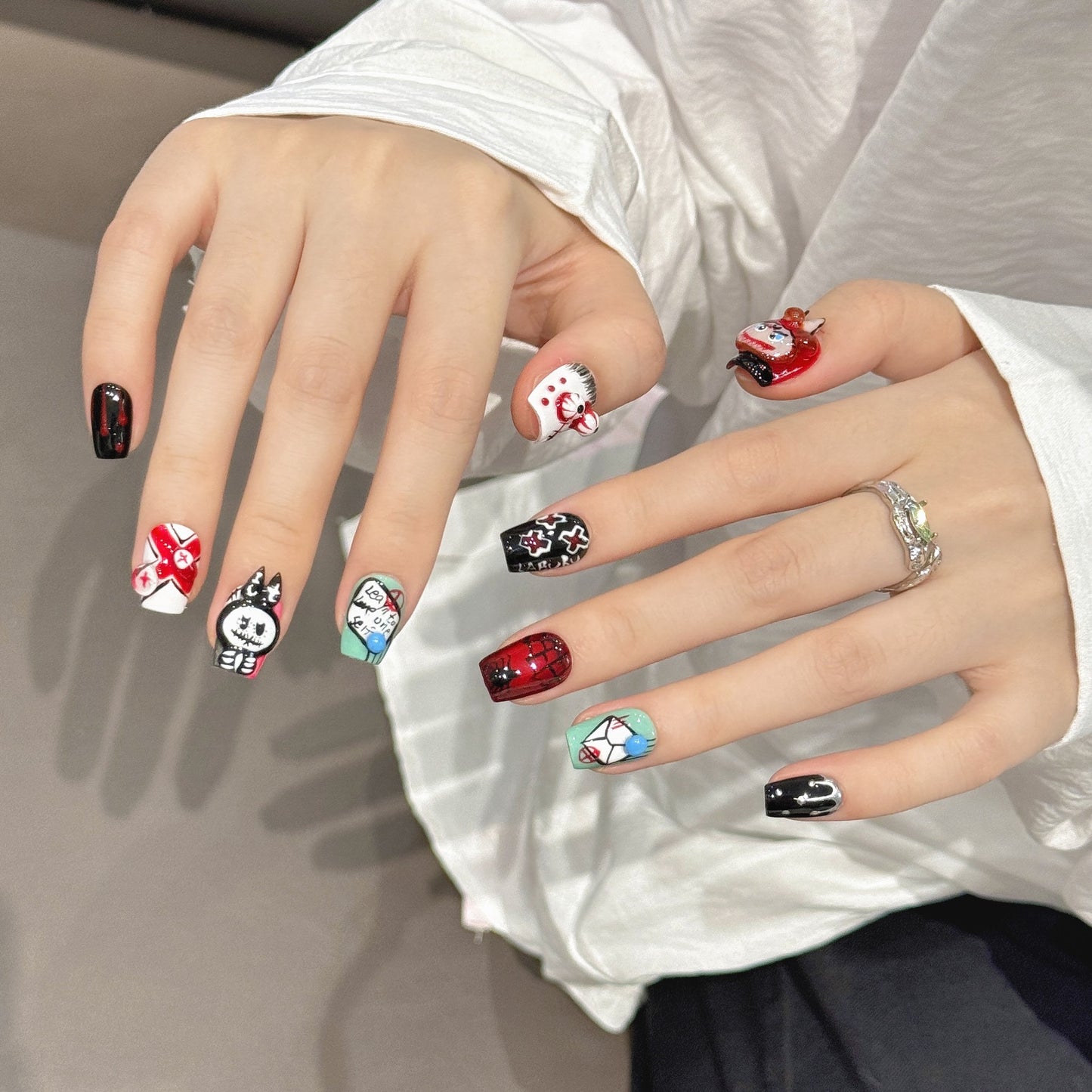 Nails 128-Gothic Bunny Cute Bow Dark Hand Painted Nail Art