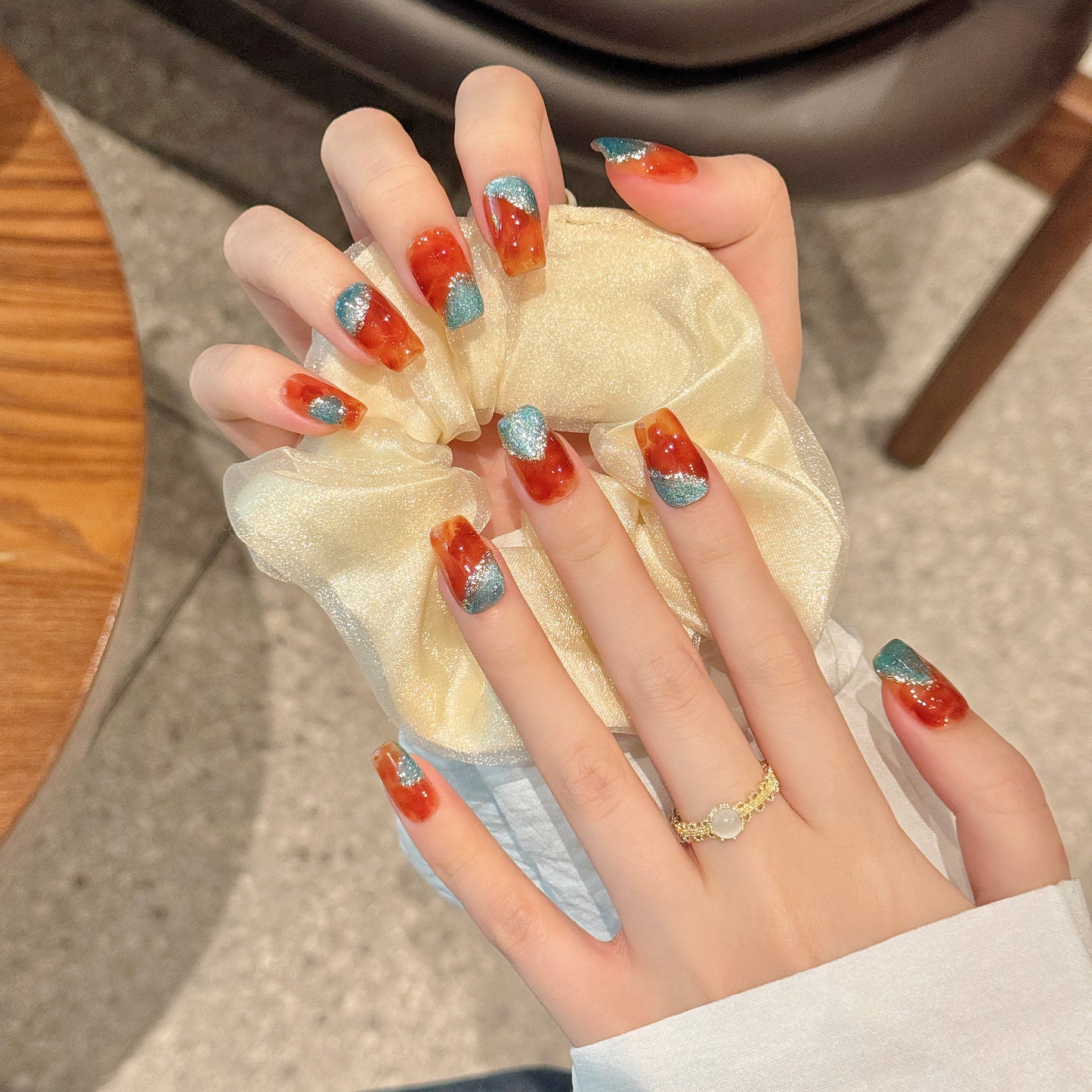 Nails 205-Amber Halo Clash Aquamarine Cat Eye Nail Art