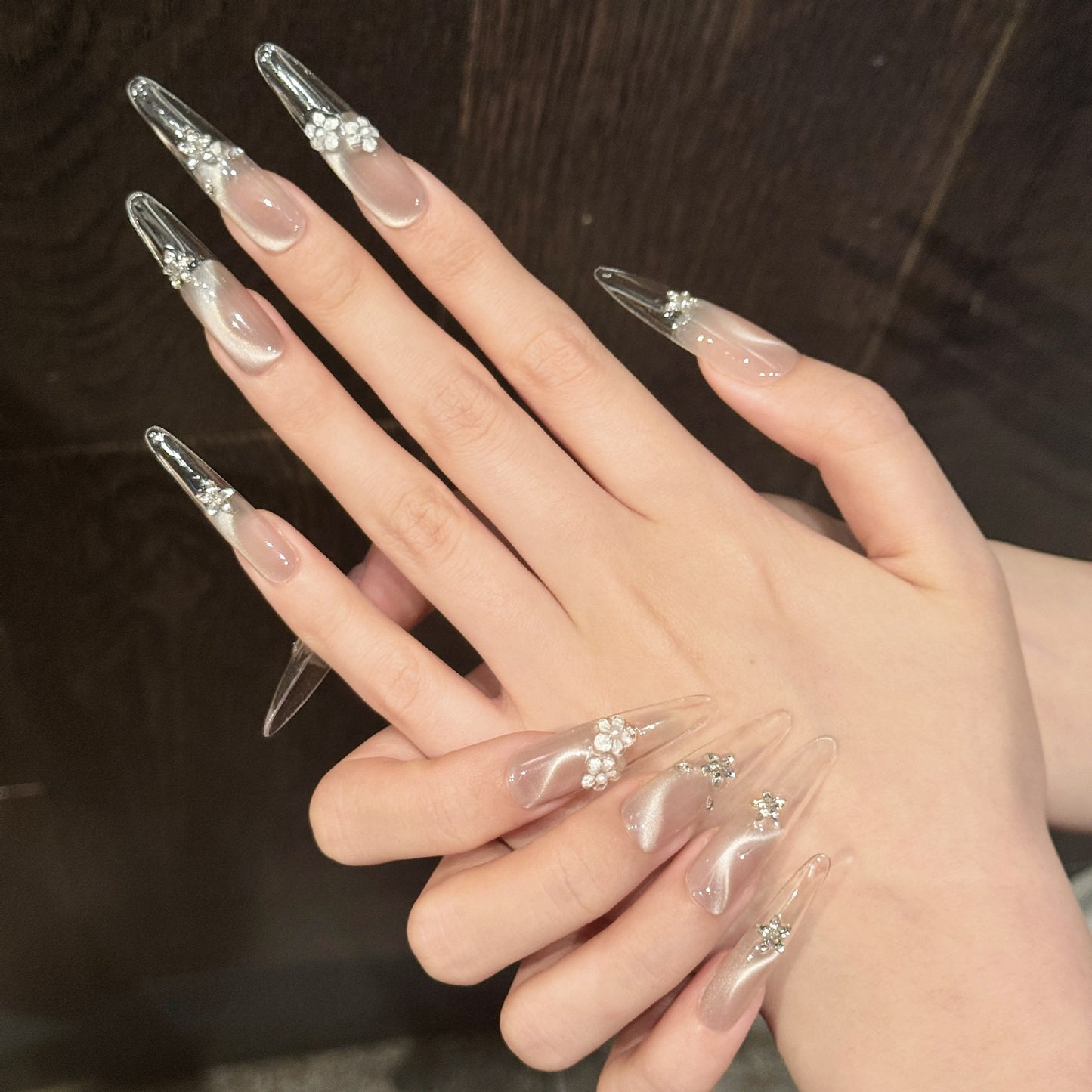 Nails 302-Glazed Ice Flower French Glass Bead Manicure