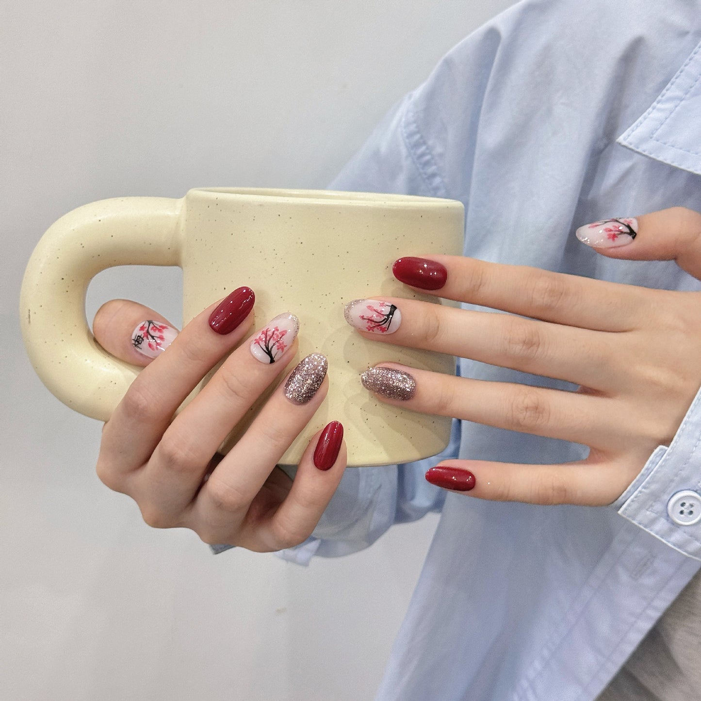Nails 010-One Cut Plum Hand Painted Plum Blossom Nail Art