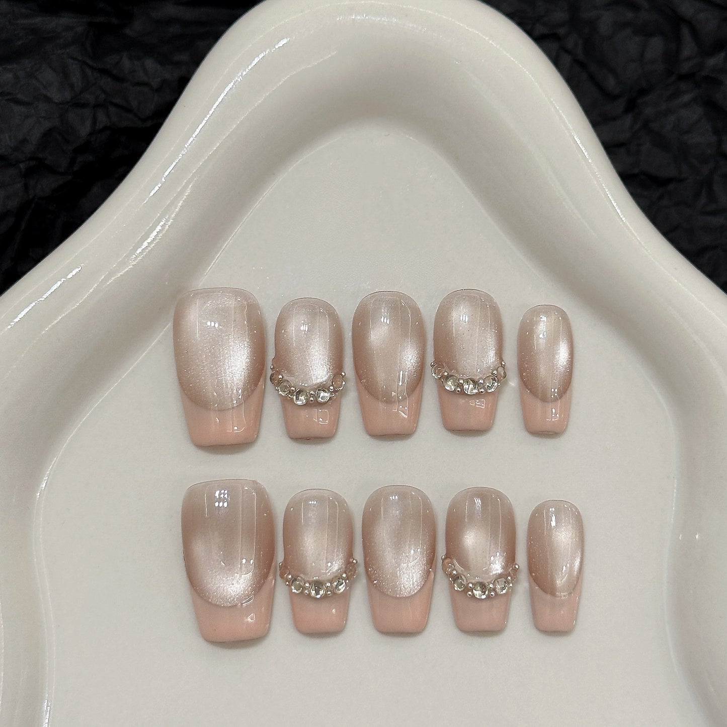 Nails 049-French Glitter Glass Bead Cat Eye Manicure