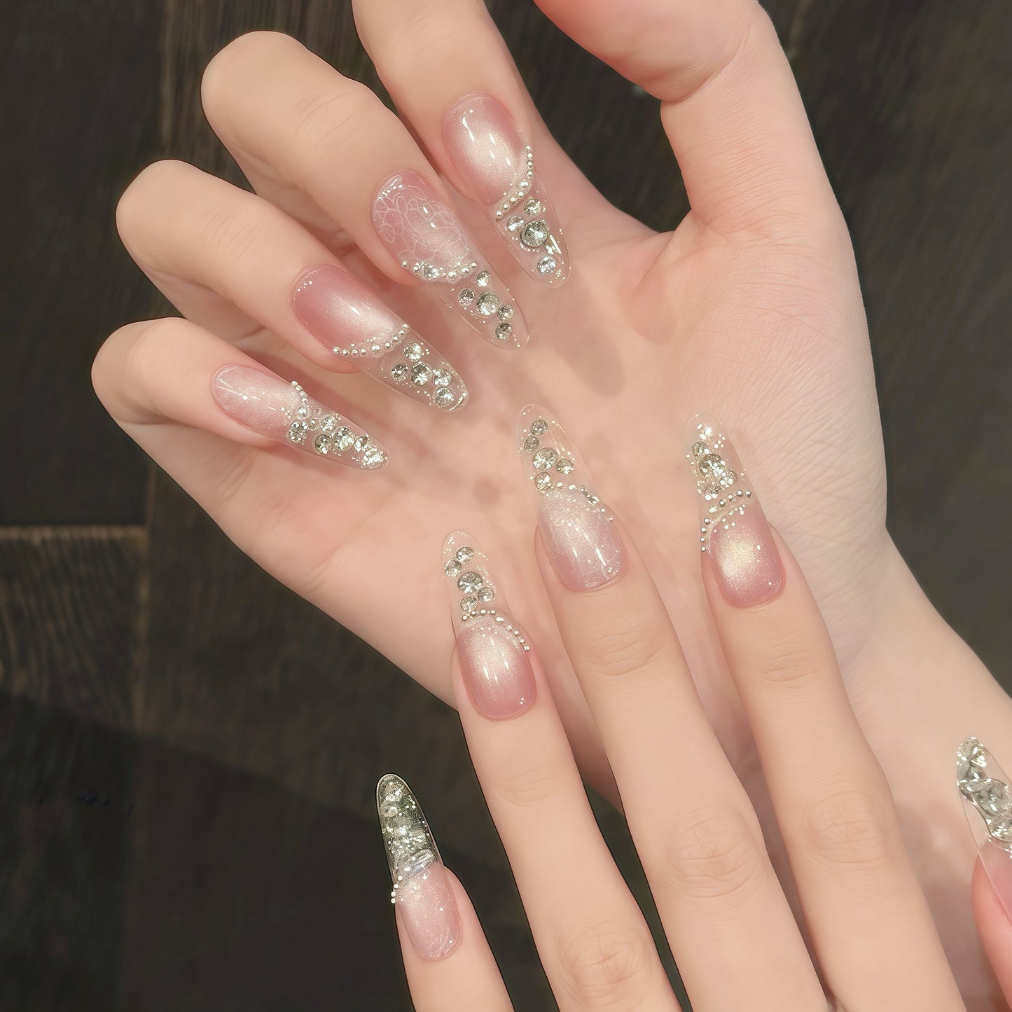 Nails 284-Full Diamond Star River Clear Nude Pink Cat Eye Nail Art