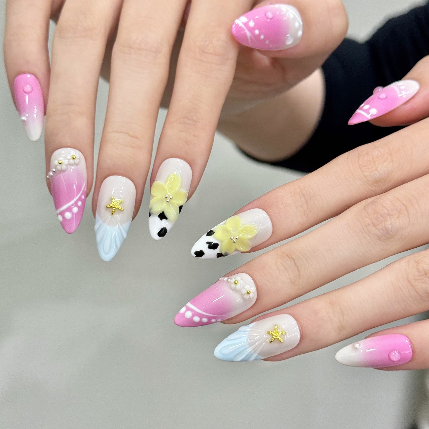 Nails 265-Island Vacation Sculpted Ice Translucent Handmade Flower Manicure