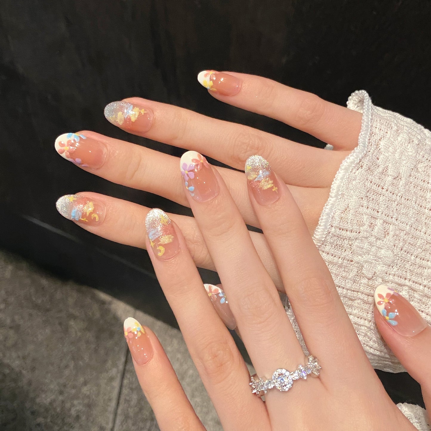 Nails 253-Oil Painting Love Poem Birds and Blooms Blush Cat Eye Nail Art