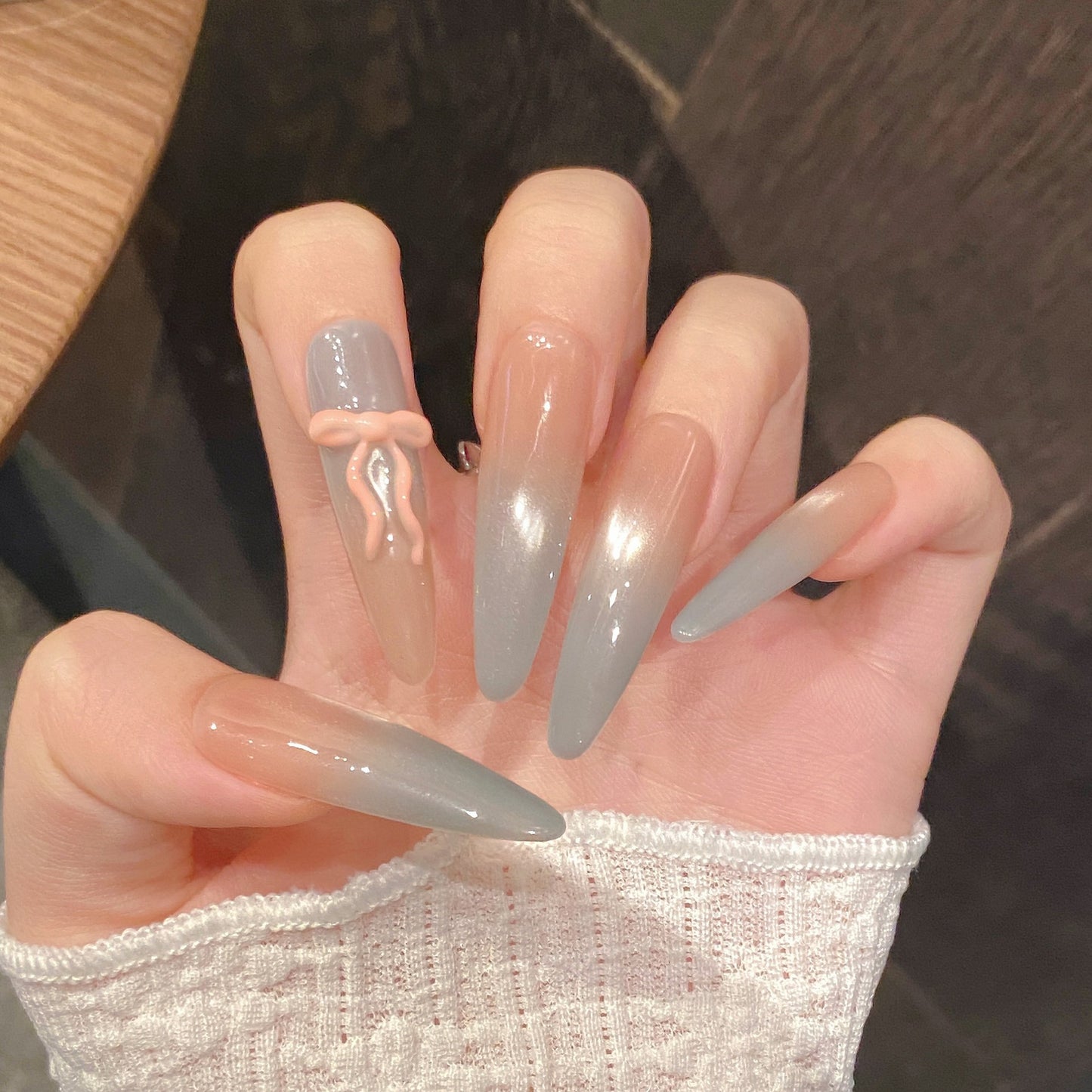 Nails 047-Cold Mist Bow Girly Dreamy Nail Art