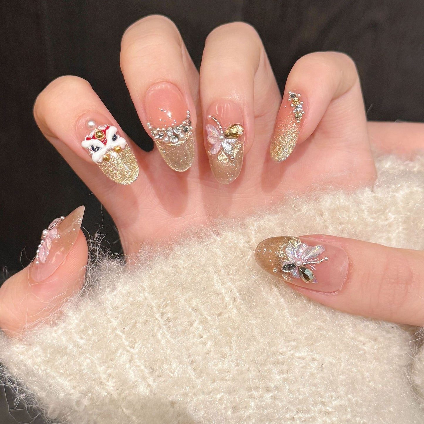 Nails 316-Hot Stamping Lion Fortune Butterfly Gold Crushed Diamonds Nail Art
