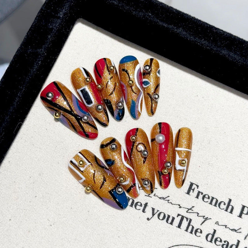 Nails 132-Egyptian Prince Line Patchwork Colour Manicure