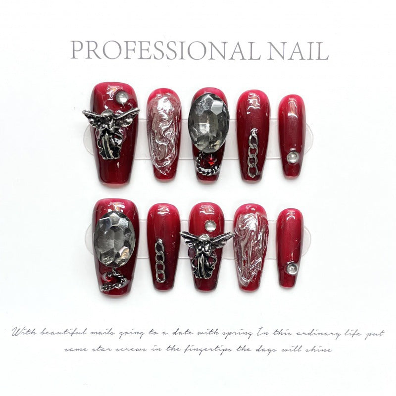 Nails 109-Dark Lolita Blood Red Butterfly Wings Cross Manicure