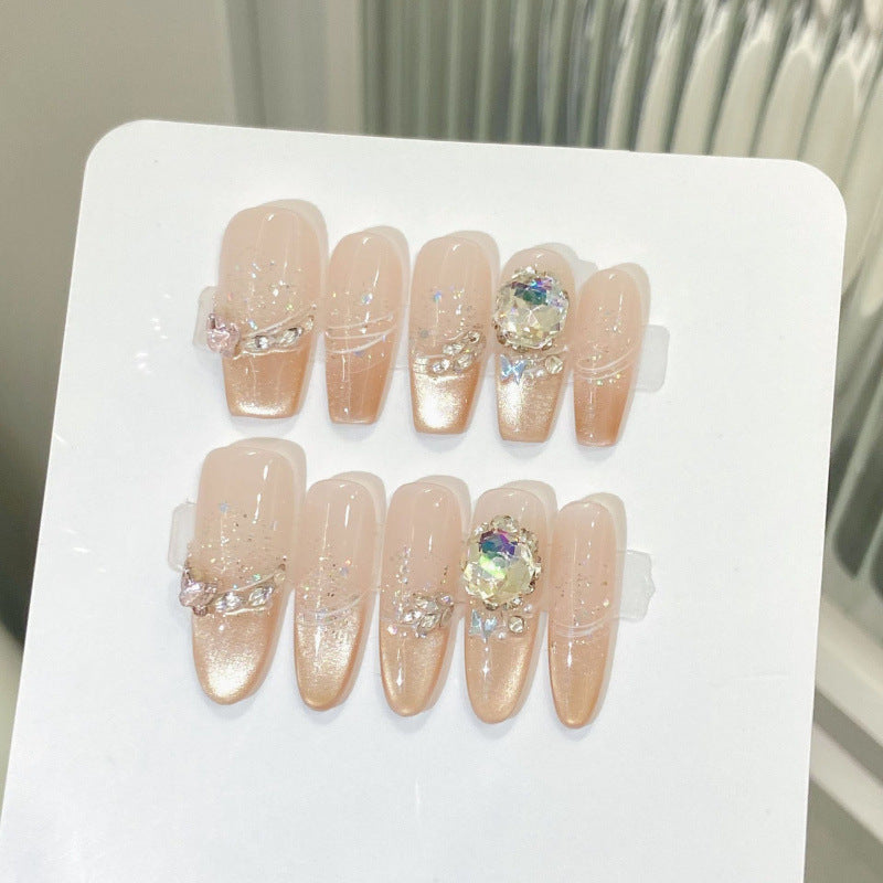 Nails 044-Cold Moon Ice Heart Nude Glass Bead Cat Eye Manicure