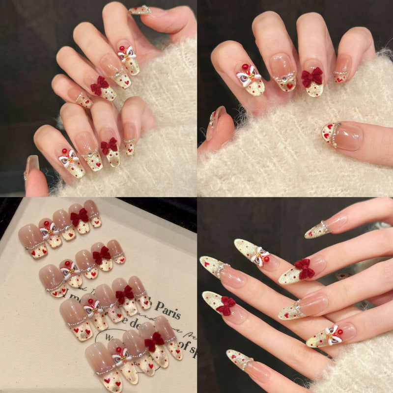Nails 310-Heartwarming Lion New Year Bow Nail Art