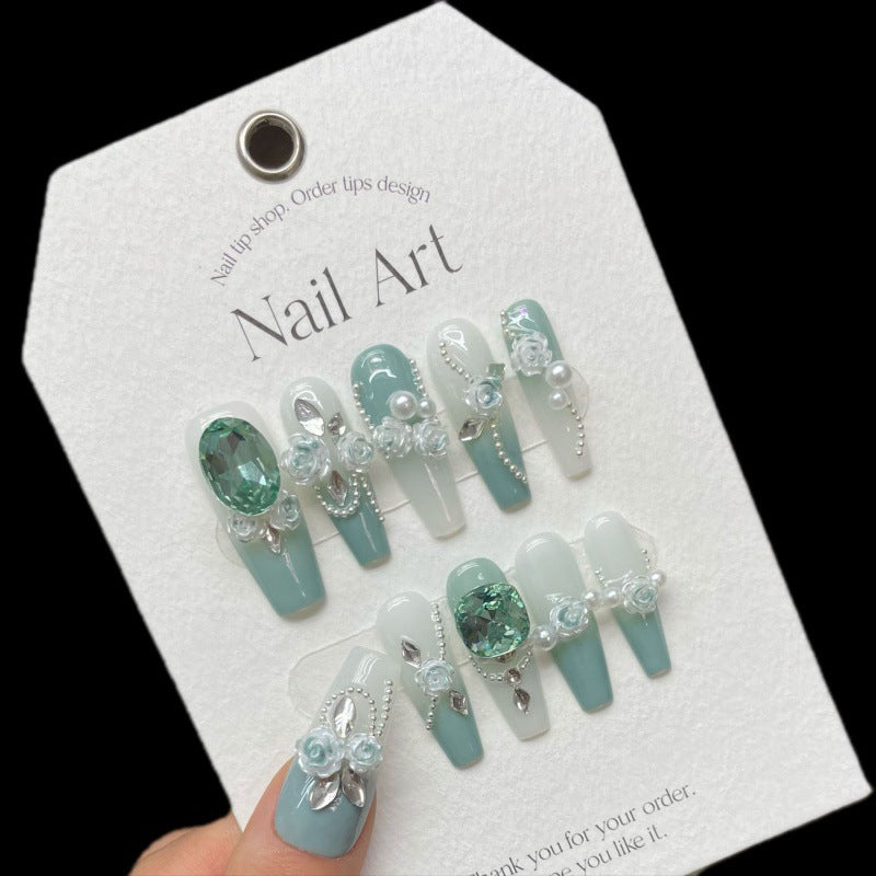 Nails 198-Green Diamond Camellia Gradient Chain Manicure