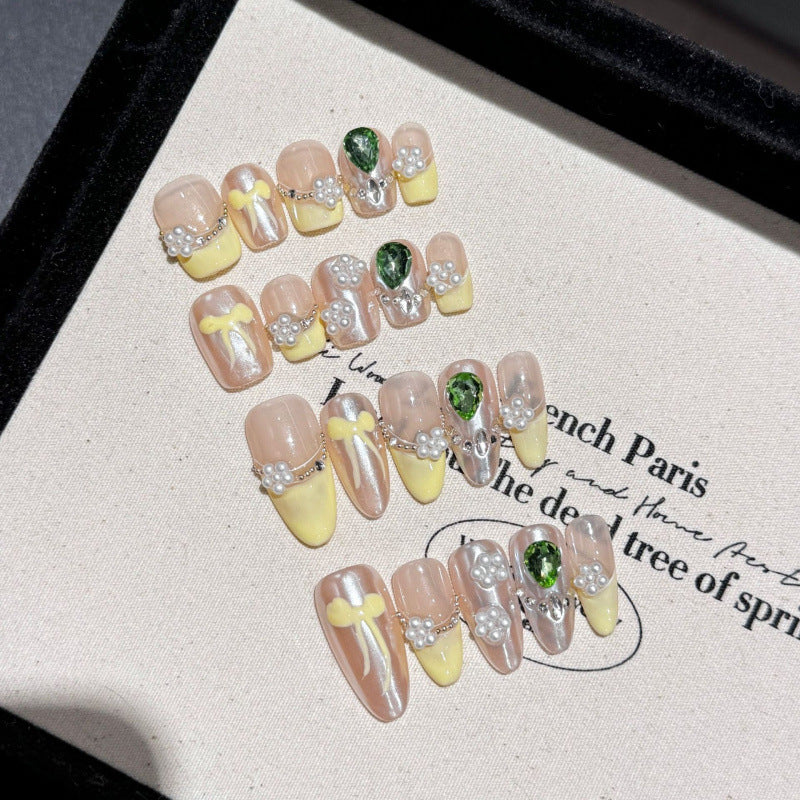 Nails 298-Pearl Hand Painted Bow Nail Art