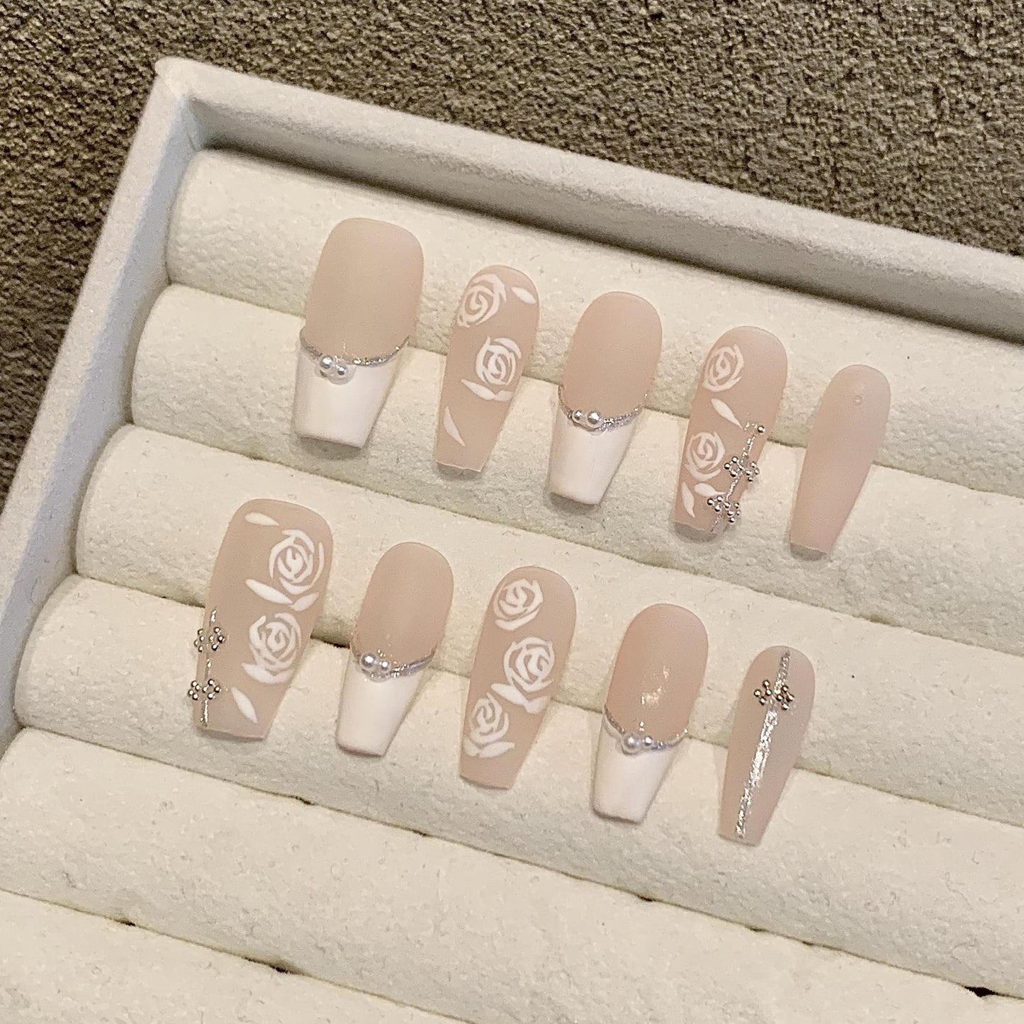 Nails 177-Dried Rose Frosted Hand Painted Rose Manicure