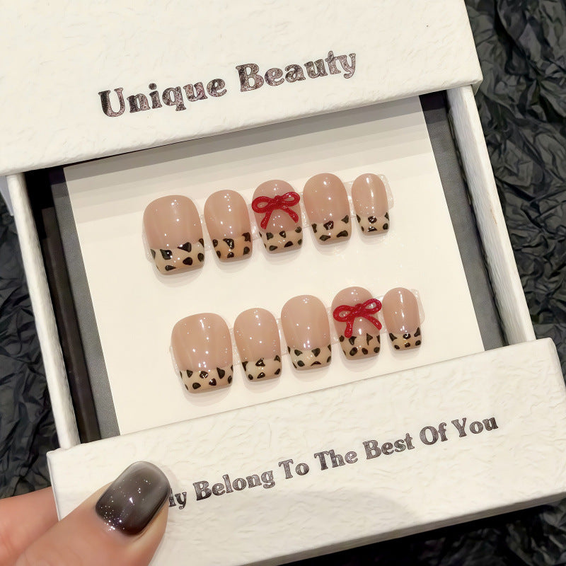 Nails 328-Wild Leopard Print Hand Painted Bow Nail Art