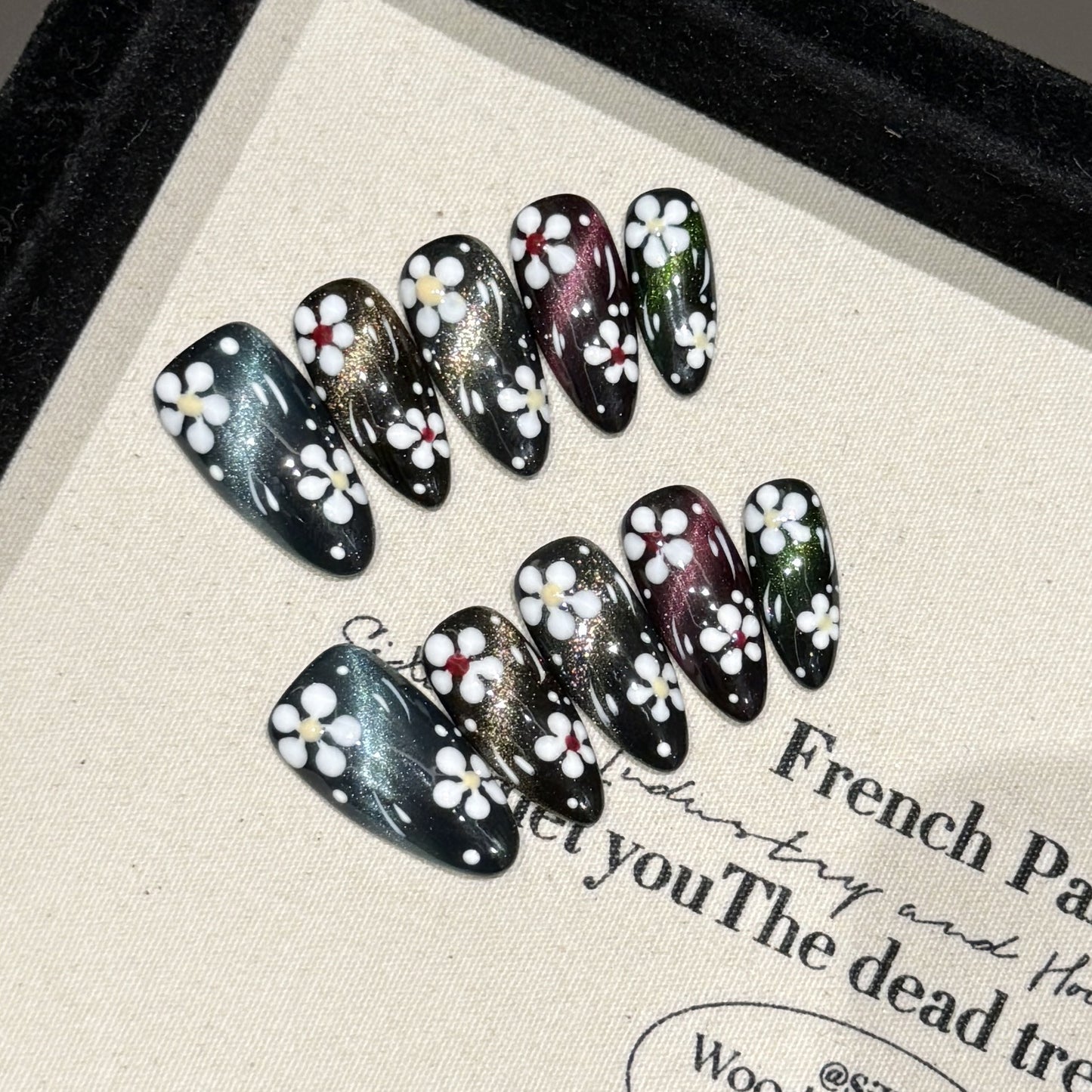 Nails 216-Shadow Flower Mystery Black Painted Flower Nail Art