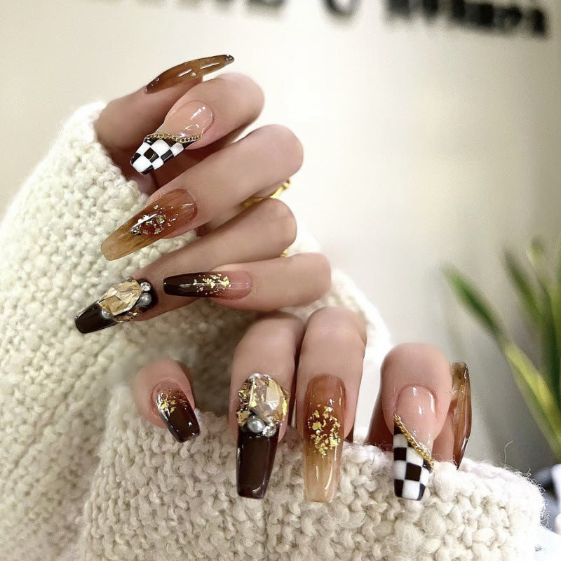 Nails 304-Amber Autumn Tea Chain Hand Painted Tessellated Pearl Nail Art