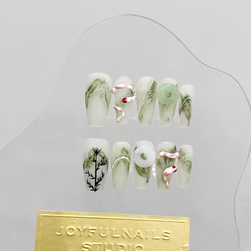 Nails 340-Bamboo Green Snake Ancient Style Jade Nail Art