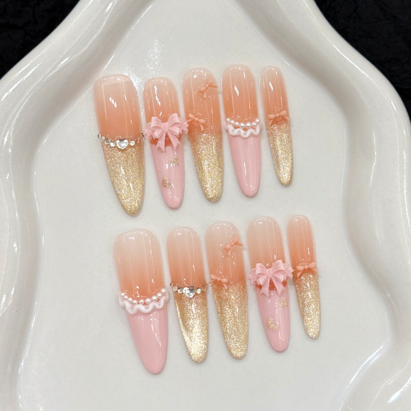 Nails 263-Romantic French Gold Burst Pearl Skirt Nail Art