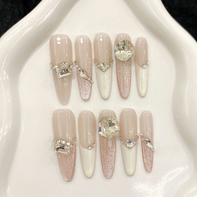 Nails 286-Rinko White Peach Burst Glitter Nude Gradient Glass Bead Manicure