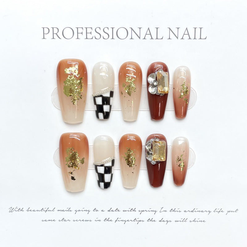 Nails 304-Amber Autumn Tea Chain Hand Painted Tessellated Pearl Nail Art