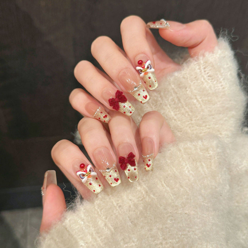 Nails 310-Heartwarming Lion New Year Bow Nail Art