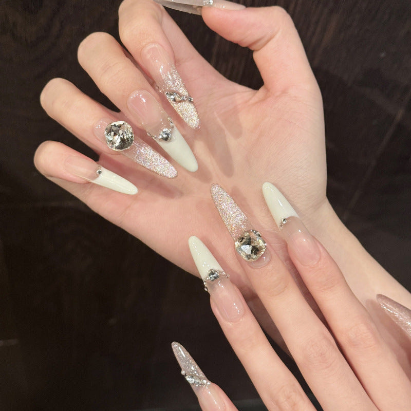 Nails 286-Rinko White Peach Burst Glitter Nude Gradient Glass Bead Manicure