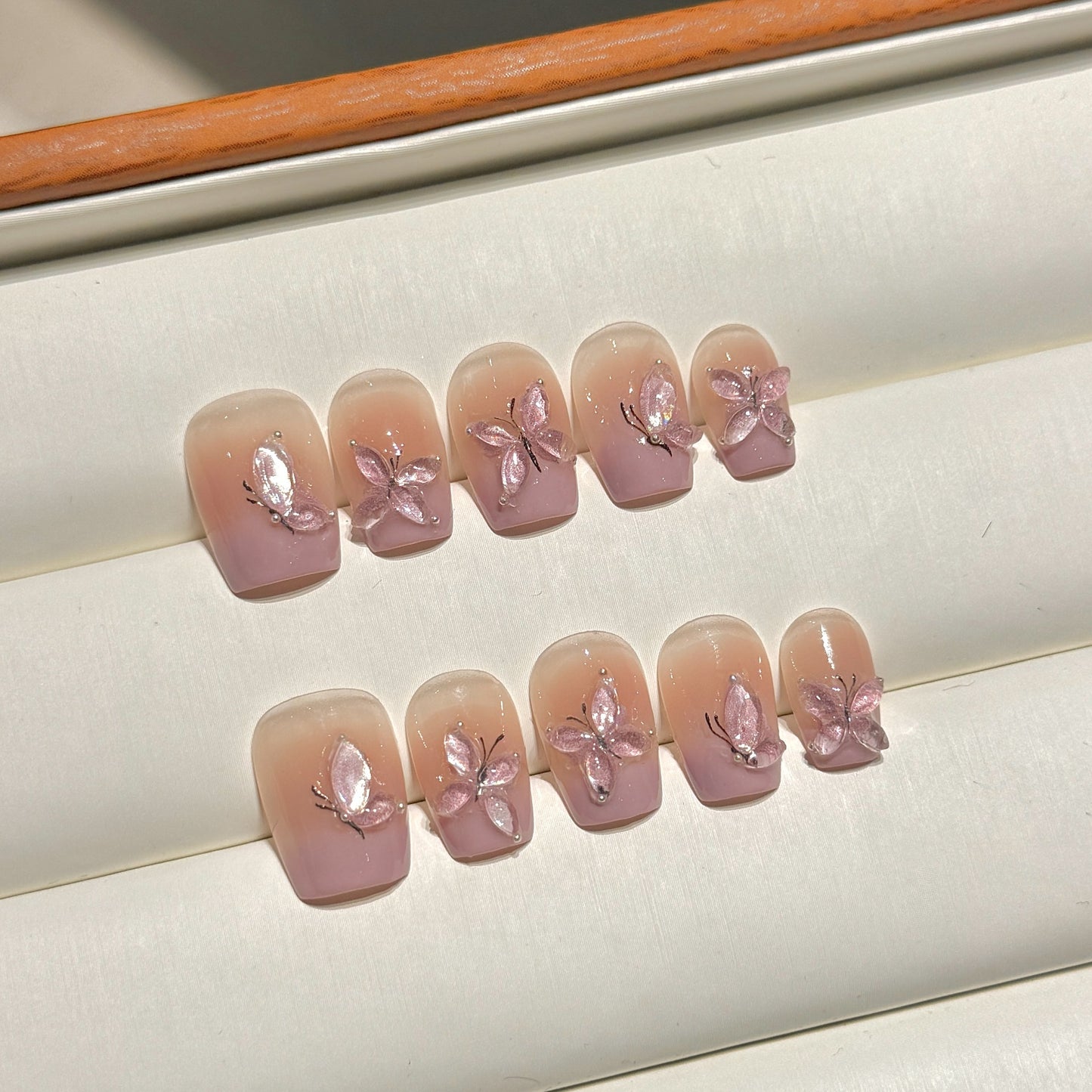 Nails 177-Cat Eye White Short Butterfly Nail Art